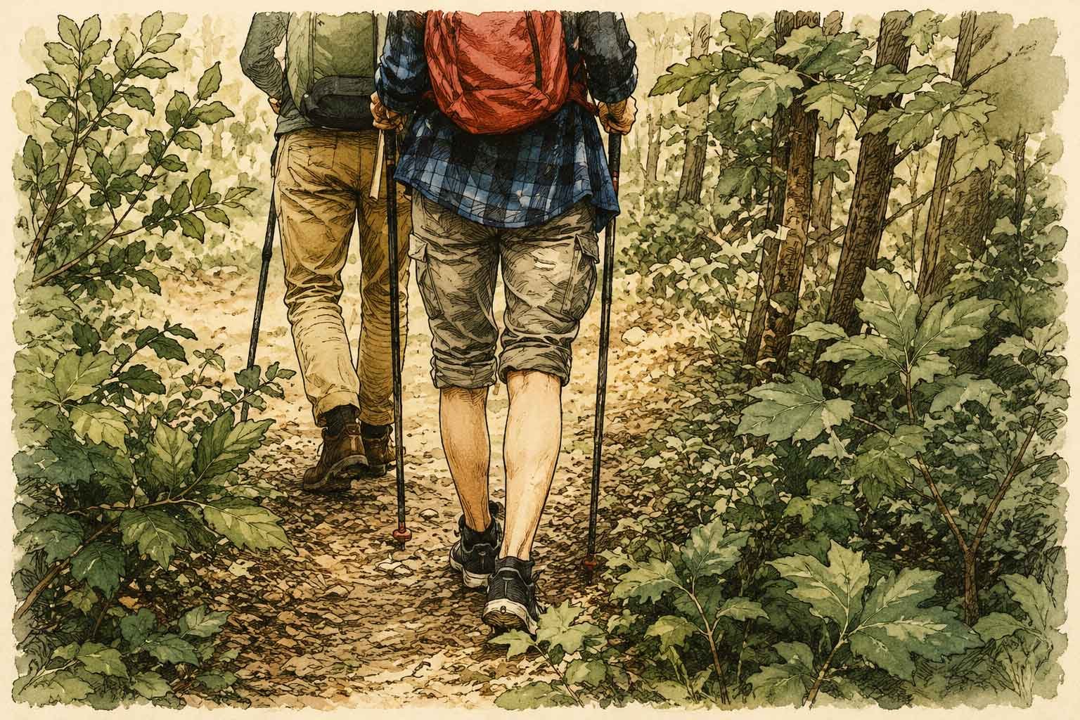 Two hikers on a trail in the woods