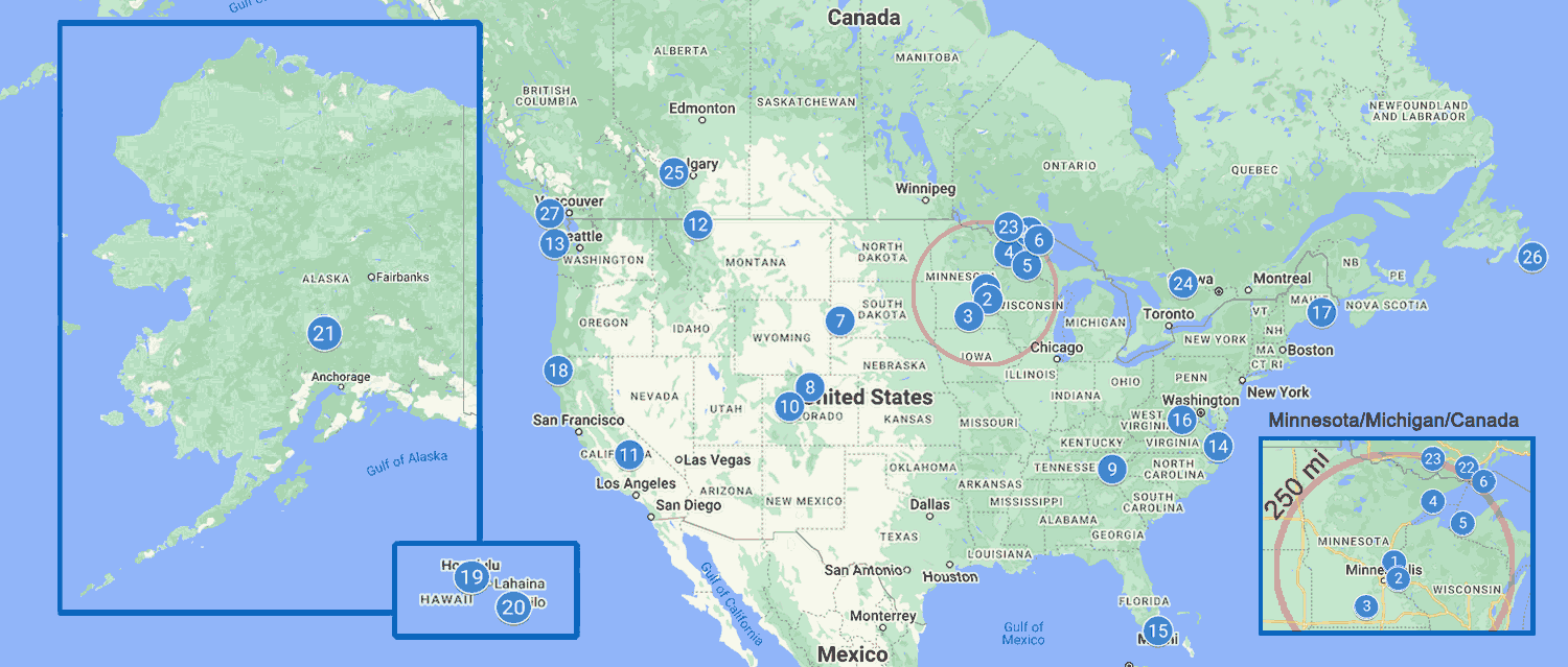 Example US and Canada destinations for cremains scattering.