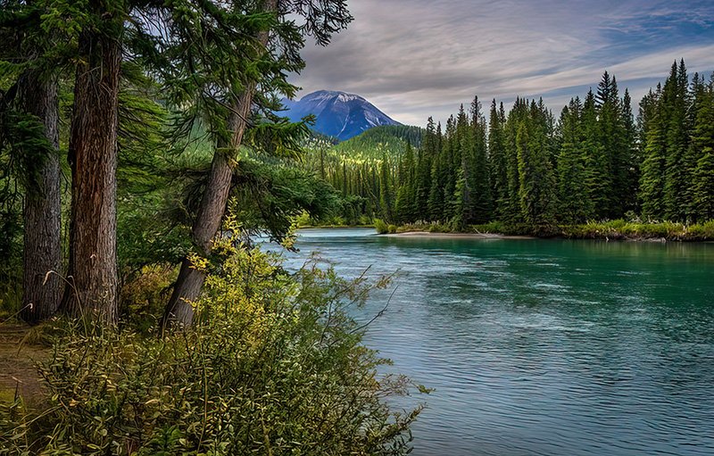 Maligne River, with mountain peak in background