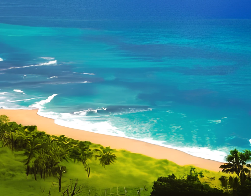 Hawaiian coastline, with sandy beach and ocean