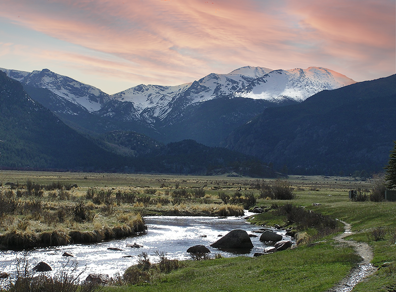 Stream through meadow, Longs Peak in background